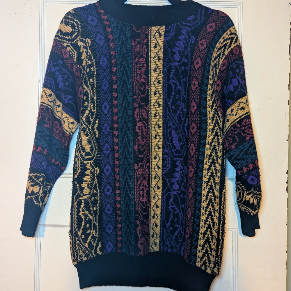 Vintage 90s Women's Striped Sweater - Black, Purple, Yellow, Red, Green
